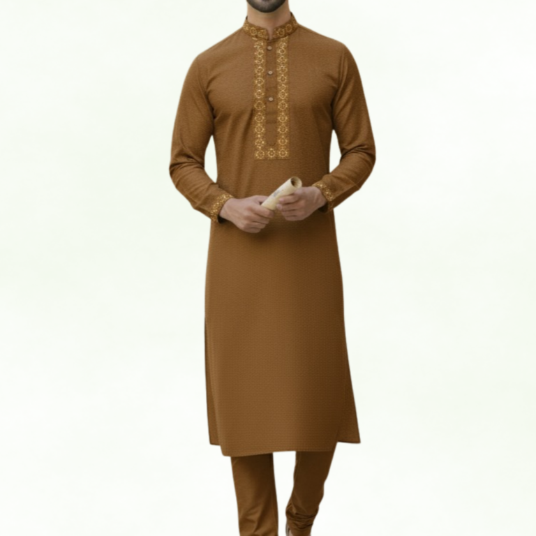 Mehran Signature Golden Brown Panjabi – Premium China Fabric Edition