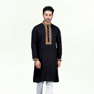 Royal Chest Panel Viscose Cotton Panjabi – Signature Button Black Edition